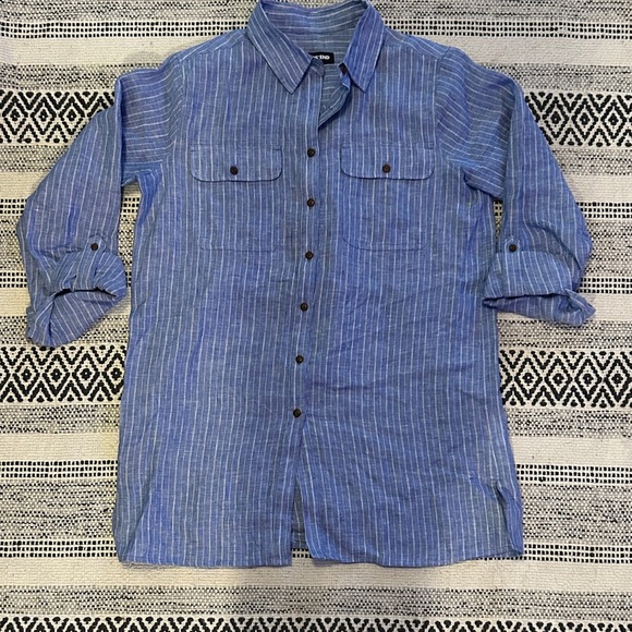 Lands' End Blue linen Striped Women's Button Down Shirt - Picture 1 of 1